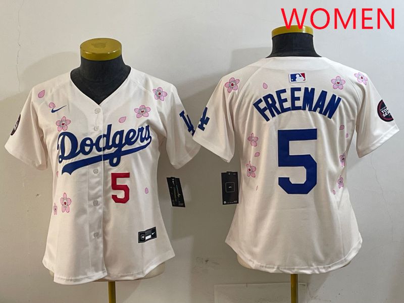Women Los Angeles Dodgers 5 Freeman Cream Sakura Edition 2025 Nike MLB Jersey style 7